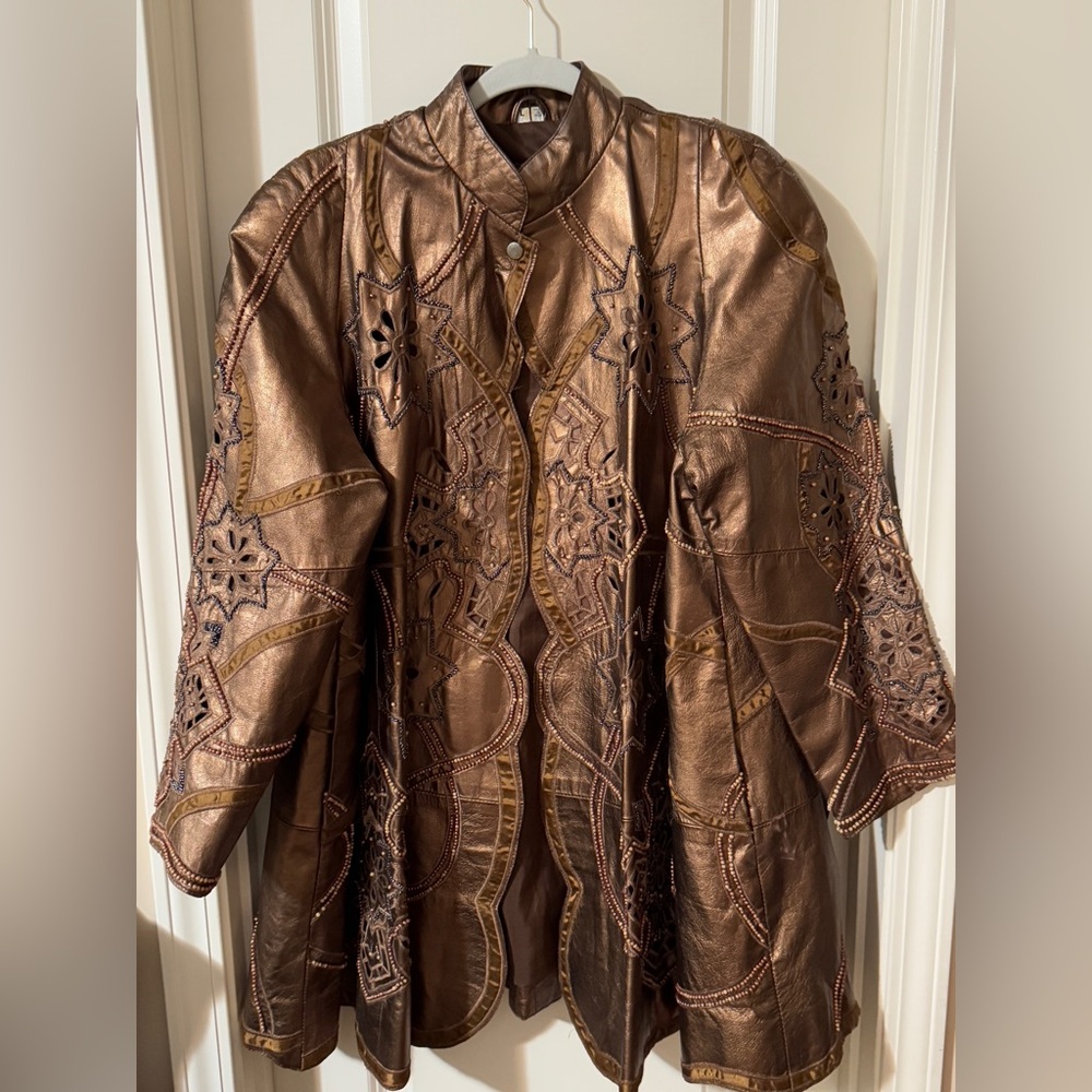 Vintage Donna Lepure Leather Embellished Bronze Beaded Coat